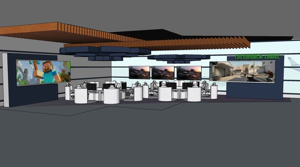 Concept render of an esports lounge with pods and large screens